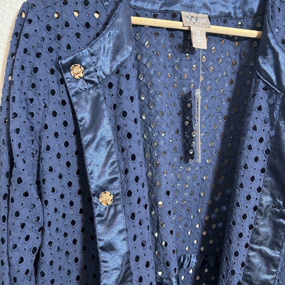NEW Chico's Eyelet Jacket 3 US XL Navy Blue 100% Cotton Button Up Long Cinch NWT - Picture 8 of 11